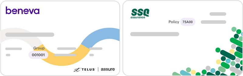 Sample insurance cards (one in Beneva colours and another in SSQ colours) that show where to find the group or policy number.