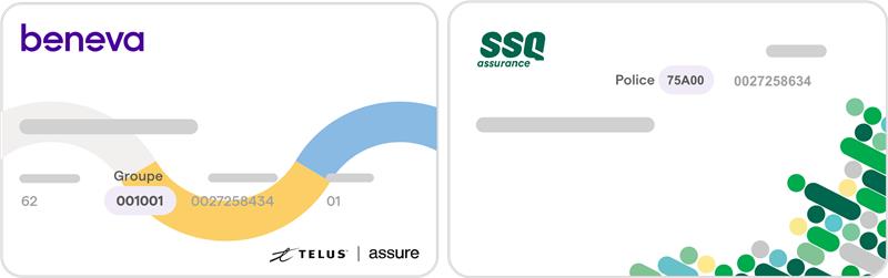 Exemple de deux cartes d'assurance, l'une aux couleurs de Beneva et l'autre aux couleurs de SSQ Assurance, qui indique où trouver le numéro de groupe ou de police.