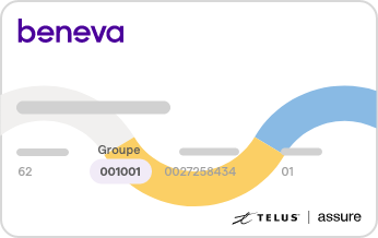 Exemple d’une carte d’assurance aux couleurs de Beneva, qui indique où trouver le numéro de groupe.