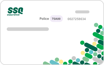 Exemple d’une carte d’assurance aux couleurs de SSQ assurance, qui indique où trouver le numéro de police.