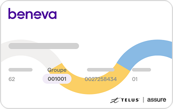 Exemple d'une carte d'assurance aux couleurs de Beneva, qui indique où trouver le numéro de groupe ou de police.
