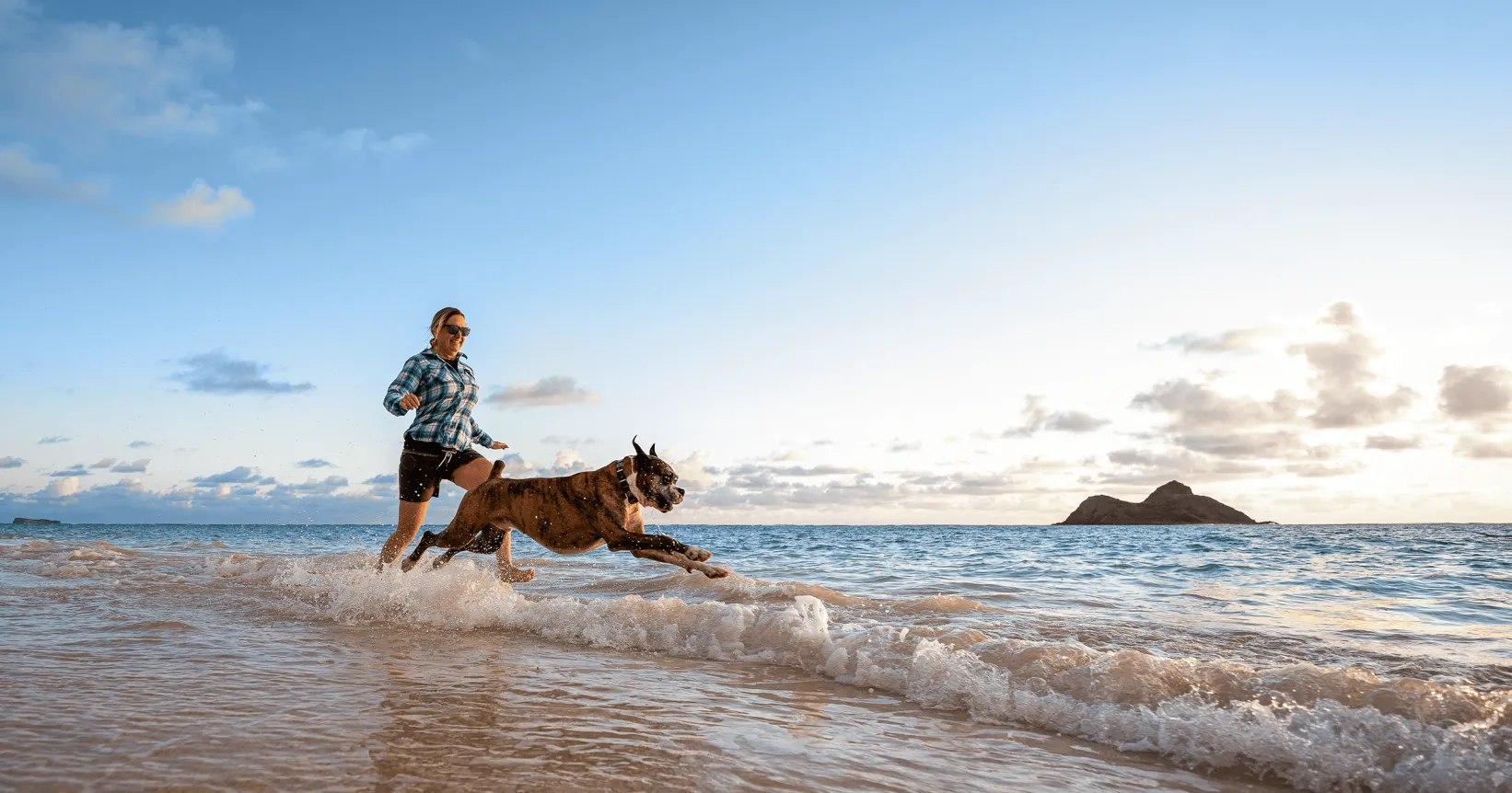 Une femme court avec son chien sur la plage