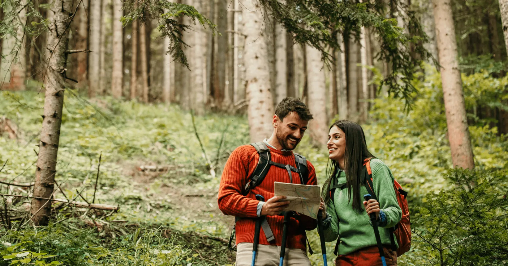 Deux personnes font une randonnée dans le bois