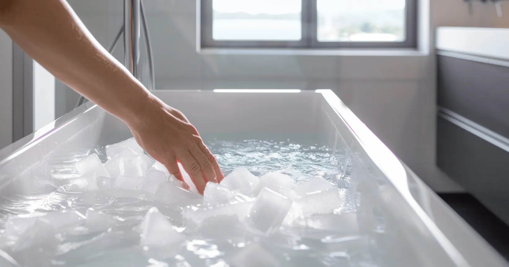Une personne trempe sa main dans un bain rempli de glace