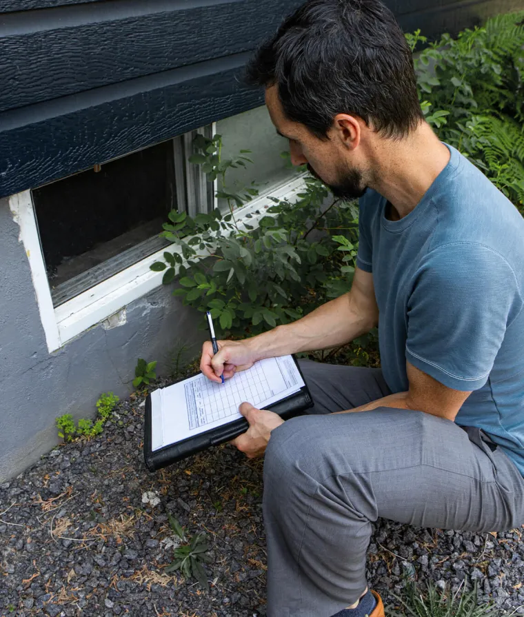 Un homme inspecte les fondations d'une maison