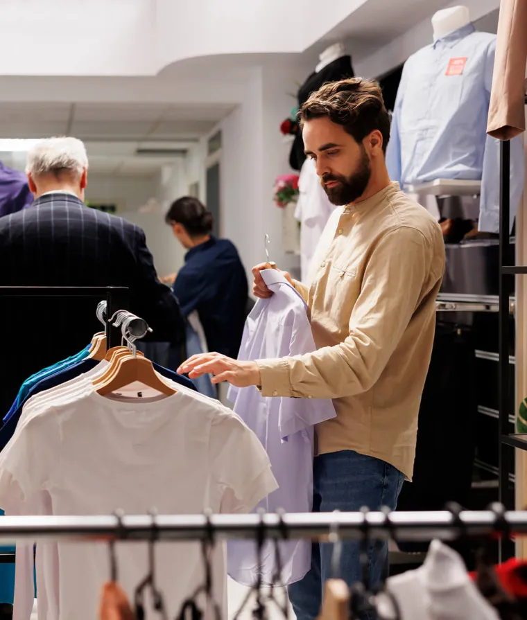 Un homme magasine des vêtements