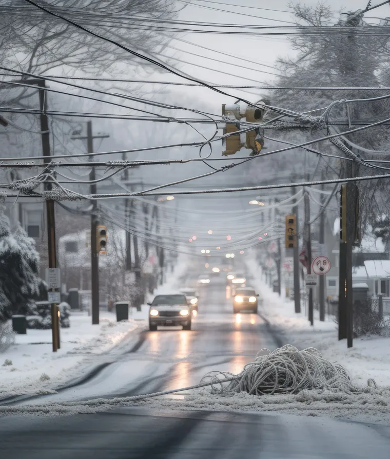 Des fils électriques sur une route enneigée
