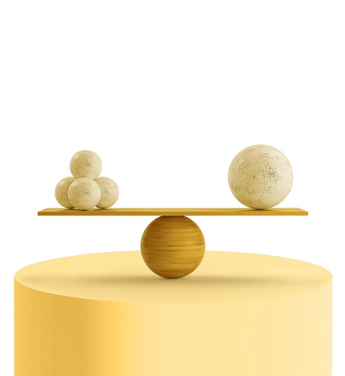 Planche en équilibre sur une sphère, avec une grande boule d’un côté et plusieurs petites de l’autre