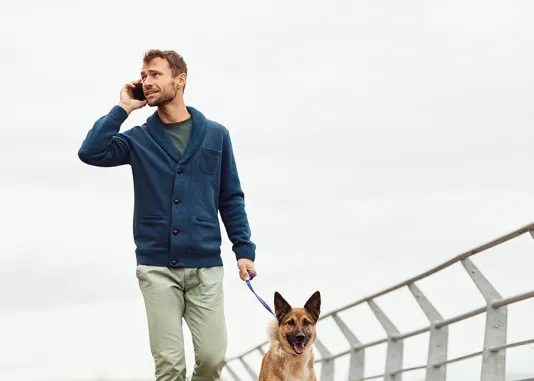 Person walking outdoors with a dog on a leash, holding a phone