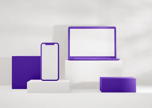 Illustrations of digital devices arranged on platforms